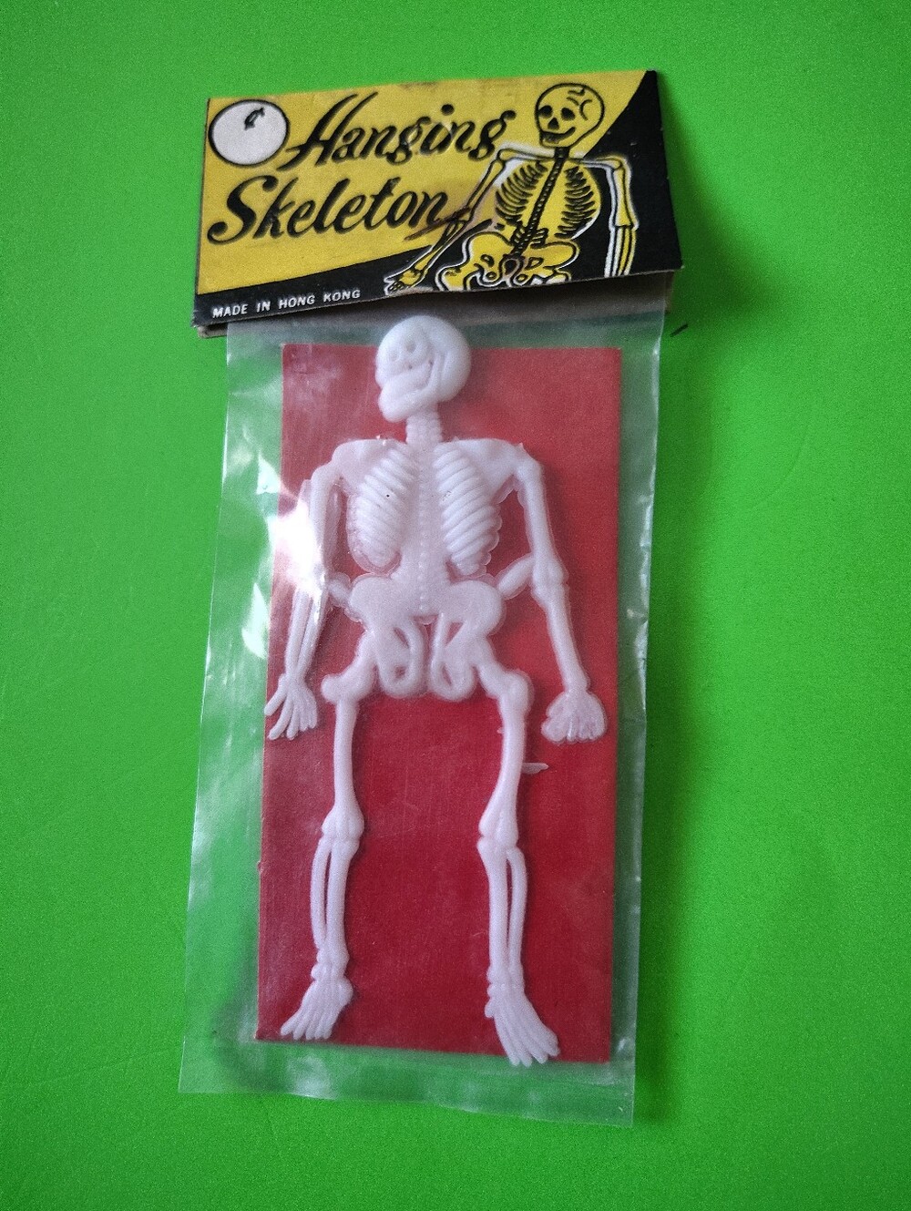 Vintage 3.5" Plastic Hanging Skeleton Halloween Toy NOS Hong Kong Mini Novelty